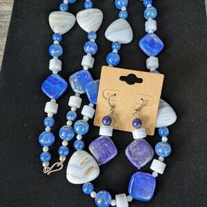 Handmade Blue Beaded Necklace and Earring Set
